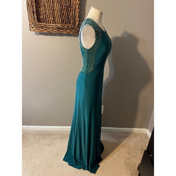 Jackie Jon Dress Emerald Green Silver 8 Stud Stretch Maxi Formal Party Event - Picture 6 of 11